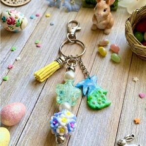 🐰 Pastel Spring Bunny & Flower Cluster Keychain 🌸